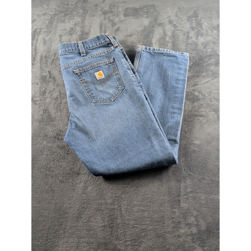 Carhartt Men's 38x34 Light Wash Blue Denim Jeans 5-Pocket Logo Accent